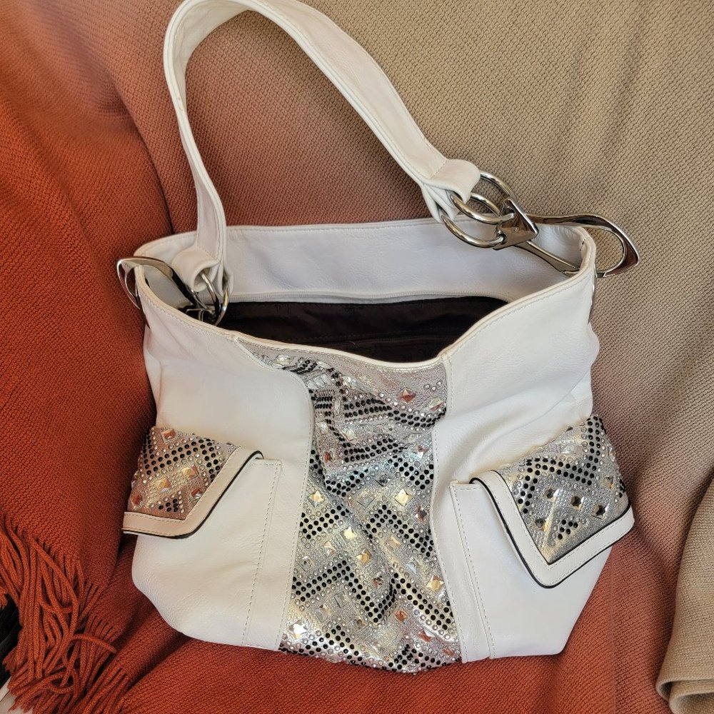 Designer Purse - White Leather Rhinestone Studded and Sparkle Embossed